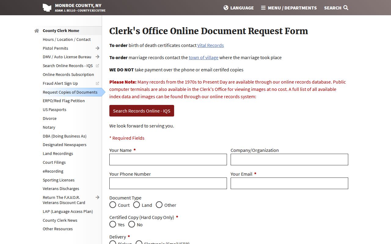 Rochester residents directory Monroe County document request form